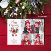 Red Merry Christmas 3 Photos Script Holly Bow Feestdagenkaart
