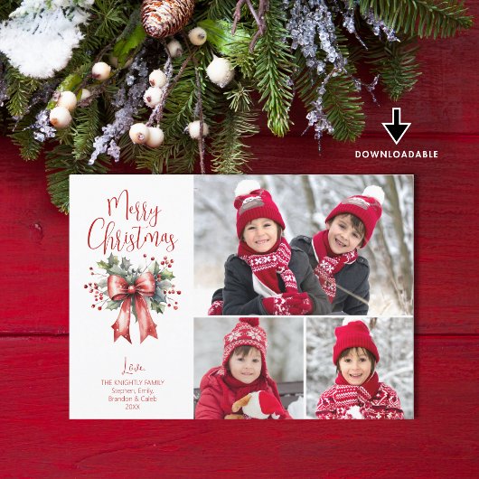 Red Merry Christmas 3 Photos Script Holly Bow Feestdagenkaart