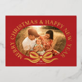 Red Merry Christmas Bow Gold Foil Vakantie Kaart (Voorkant)