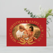 Red Merry Christmas Bow Gold Foil Vakantie Kaart (Staand Voorkant)