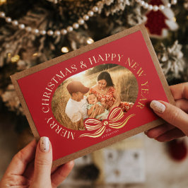 Red Merry Christmas Bow Gold Foil Vakantie Kaart