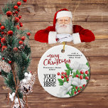 Red Merry Christmas Business Logo-bessen Bloemen Keramisch Ornament<br><div class="desc">Feestelijk kerstornamentontwerp met een kleurrijk waterverf winterboeket met witte bloemetjes, rode bessen en felgroene botanicals. Moderne Rode Vrolijke Kerstkalligrafie voegt een vleugje modern toe aan deze anders stijlvolle en elegante bloemschikking. Pas het bericht van de Kerstvakantie aan en voeg de logo van uw bedrijf toe. Creëer voor medewerkers, klanten en...</div>