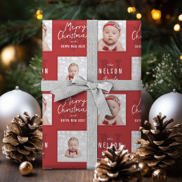 Red Merry Christmas Calligraphy Family 2 photo Cadeaupapier