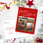 Red Merry Christmas Calligraphy Script 3 Foto Feestdagenkaart<br><div class="desc">Red Merry Christmas Calligraphy Script 3 Photo Holiday Briefkaart heeft een kalligrafisch script op de voorkant,  samen met drie foto's en je familiebericht op de achterkant.</div>