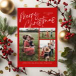 Red Merry Christmas Calligraphy Script 3 Foto Feestdagenkaart<br><div class="desc">Red Merry Christmas Calligraphy Script 3 Photo Plaid Holiday Kaart heeft een kalligrafisch script op de voorkant,  samen met drie foto's en een feestelijke kerstplaid op de achterkant.</div>