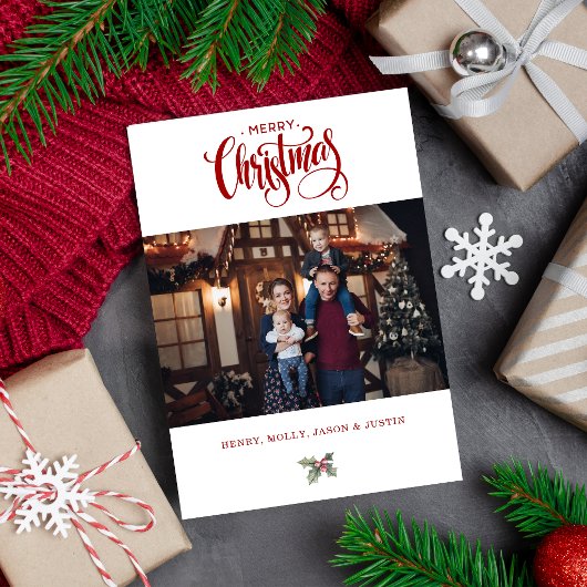 Red Merry Christmas Calligraphy Typography Photo Feestdagenkaart