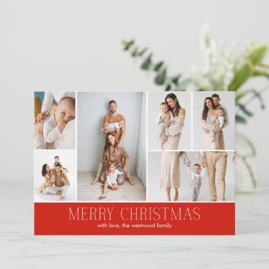 RED Merry Christmas Elegant 9 Collage Multi-Photo Feestdagenkaart (Staand voorkant)