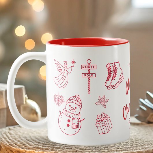 Red Merry Christmas Hand Draw  Tweekleurige Koffiemok