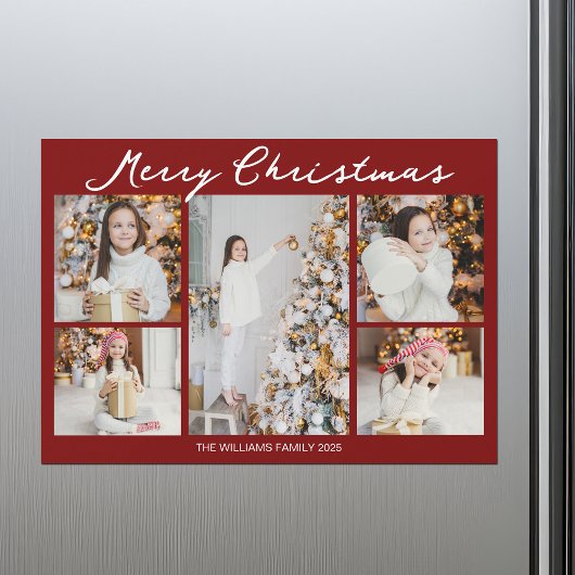 Red Merry Christmas Photo Collage 2025 Magnet Card