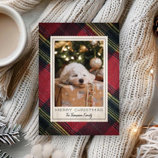 Red Merry Christmas Plaid Photo Holiday Card Feestdagenkaart