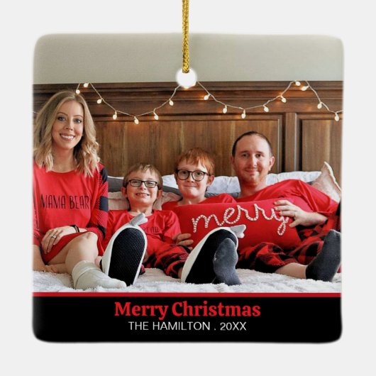 Red Merry Christmas Playful Photo Keramisch Ornament (Achterkant)