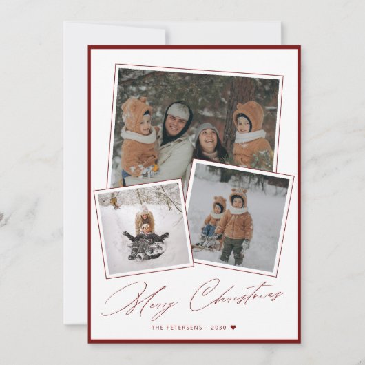 Red Merry Christmas script 3 fotocollage Feestdagenkaart (Voorkant)