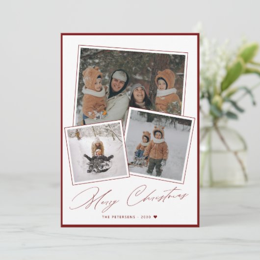 Red Merry Christmas script 3 fotocollage Feestdagenkaart (Staand voorkant)