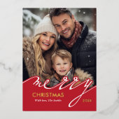 Red Merry Christmas Script Foto Folie Feestdagenkaart (Voorkant)