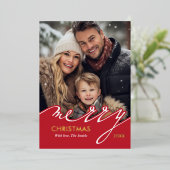 Red Merry Christmas Script Foto Folie Feestdagenkaart (Staand Voorkant)