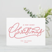 Red Merry Christmas-script minimalistisch Feestdagenkaart (Staand voorkant)