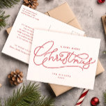 Red Merry Christmas-script minimalistisch Feestdagenkaart<br><div class="desc">Stuur wat feestvreugde met dit minimalistische briefkaart met een trendy handgeschreven rood "Merry Christmas" script. Stijlvol en eenvoudig,  dit ontwerp is perfect voor het verspreiden van vreugde op een moderne,  ingetogen manier.</div>