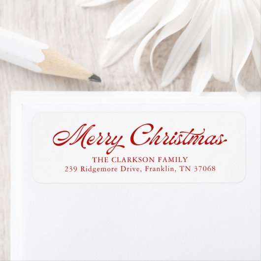 Red Merry Christmas Script Retouradres Etiket (Insitu)
