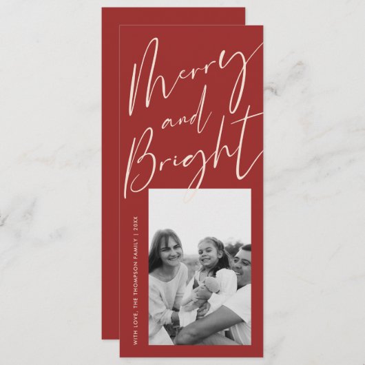 Red Merry en Bright Script 1 Foto Feestdagenkaart (Voorkant / Achterkant)