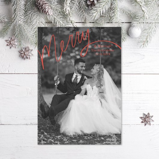 Red Merry Hand Lettering Wedding Photo Feestdagenkaart