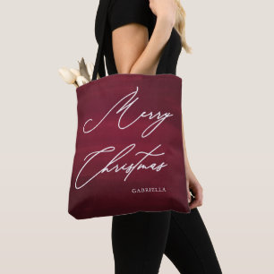 Red Merry kerst Elegant script met naam Tote Bag