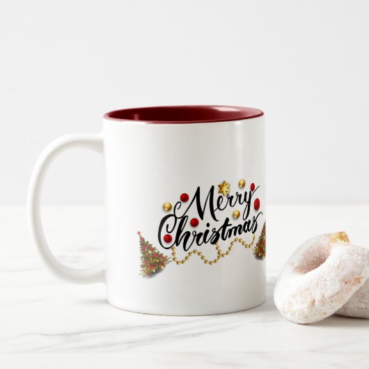 Red Merry-kerstboom Tweekleurige Koffiemok (Met donut)