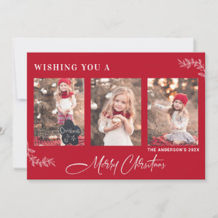 Red Merry-kerstfotokaart met Leaf Motif Kaart