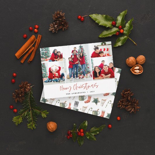 Red Merry-kerstfotokaart Vijf Afbeeldingen Feestdagenkaart