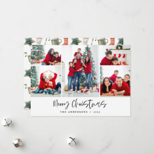 Red Merry-kerstfotokaart Vijf Afbeeldingen Feestdagenkaart
