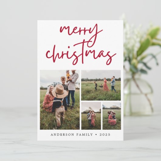 Red Merry kerstkalligrafie Foto Feestdagenkaart (Staand voorkant)