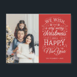 Red Merry Kerstmis en Happy New Year Photo Magnet<br><div class="desc">Op Typografie gedreven fotovakantiekaarten met de woorden "Wij wensen u een vrolijk kerstfeest en een gelukkig nieuwjaar".</div>