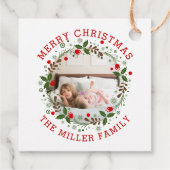 Red Merry Kerstmis, florale feestfoto Bedankjes Labels (Achterkant)