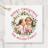 Red Merry Kerstmis, florale feestfoto Bedankjes Labels (Voorkant)