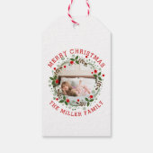 Red Merry Kerstmis, florale feestfoto Cadeaulabel (Achterkant)