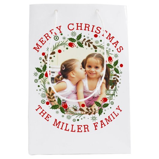 Red Merry Kerstmis, florale feestfoto Medium Cadeauzakje (Voorkant)