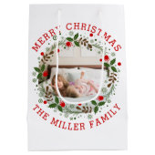 Red Merry Kerstmis, florale feestfoto Medium Cadeauzakje (Achterkant)