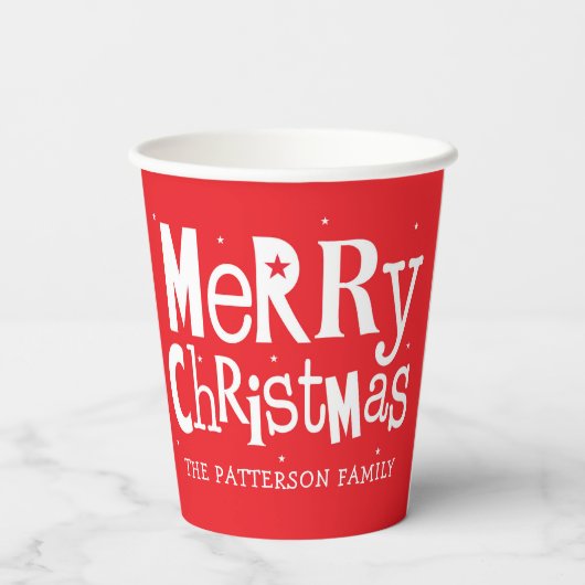 Red Merry Kerstmis Modern Persoonlijke Naam Papieren Bekers (Achterkant)
