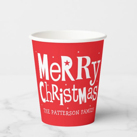 Red Merry Kerstmis Modern Persoonlijke Naam Papieren Bekers (Voorkant)
