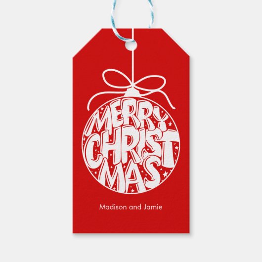 Red Merry Kerstmis Ornament Holiday Cadeaulabel (Voorkant)