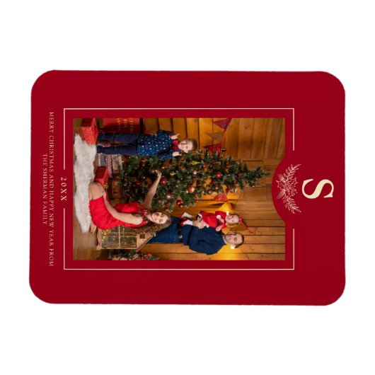 Red Merry Kerstmonogrammed Foto Familie Magneet (Horizontaal)