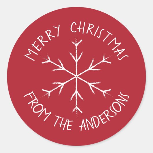 Red Merry kerststicker met Snowflake Ronde Sticker (Voorkant)