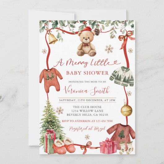 Red Merry Little Winter Christmas Baby Shower Invi Kaart (Voorkant)