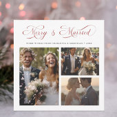Red Merry & Married Elegant Script 3 Foto Feestdagenkaart