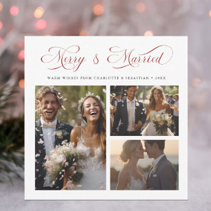 Red Merry & Married Elegant Script 3 Foto Feestdagenkaart