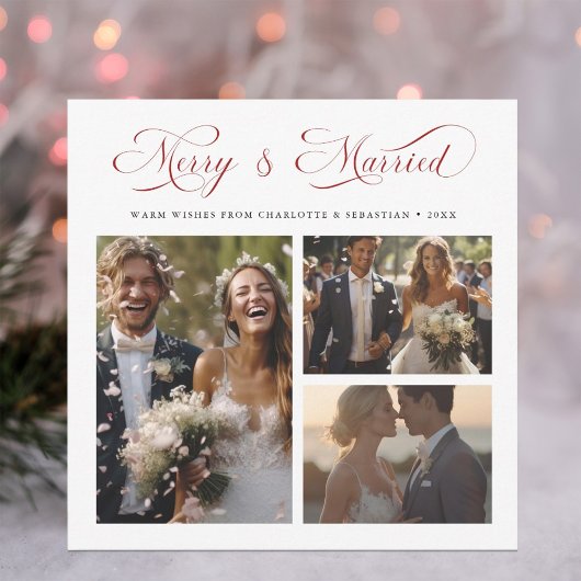 Red Merry & Married Elegant Script 3 Foto Feestdagenkaart