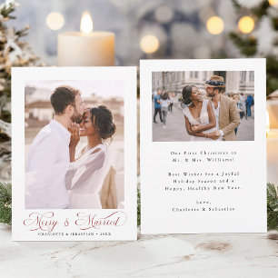 Red Merry & Married Modern Elegant Script 2 Foto Feestdagenkaart