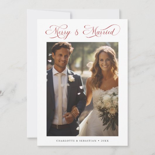Red Merry & Married Romantic Script 2 Foto Feestdagenkaart (Voorkant)