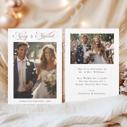 Red Merry & Married Romantic Script 2 Foto Feestdagenkaart