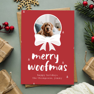 Red Merry Woofmas Schattige Dog Pet Kerstfoto Feestdagenkaart