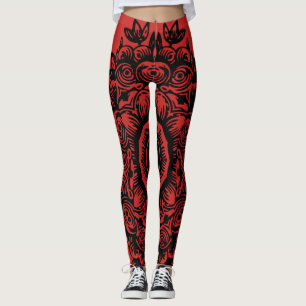 Red met Black Damask Pattern Athletic Leggings